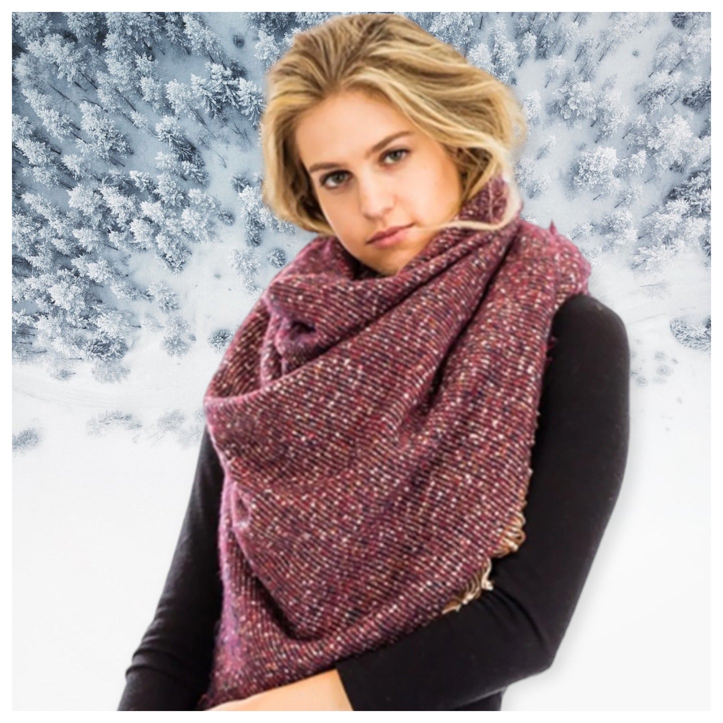Always in Style Burgundy Multi Tone Pepper Knit Frayed Trim Blanket Scarf-Shawl-Wrap