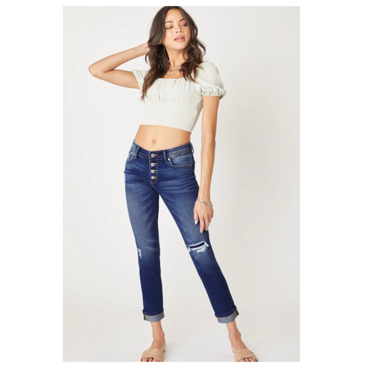 Button-fly Mid Rise Destroyed Dark Denim KANCAN Capris