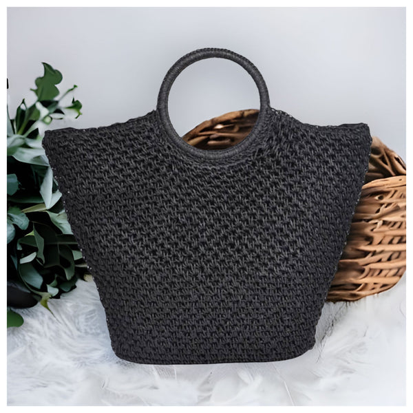 Casual to Classy Weaved Black Straw Basket Tote Bag-Purse-Handle Bag