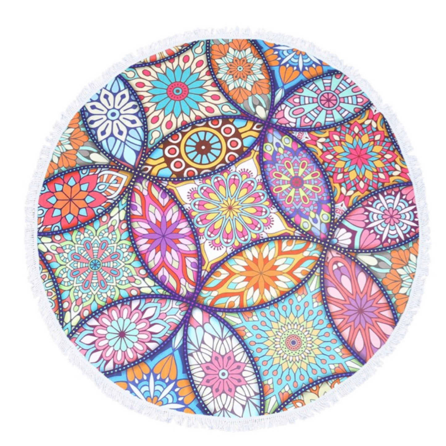 “Fun in the Sun" Fringe Trim Boho Geo Print Round Beach Towel