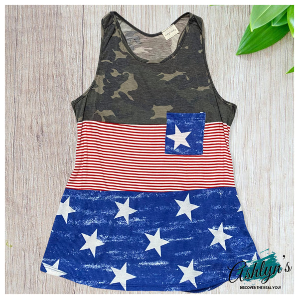 Hello BEAUTIFUL! Colorblock Camouflage Stars and Stripes Sleeveless Top