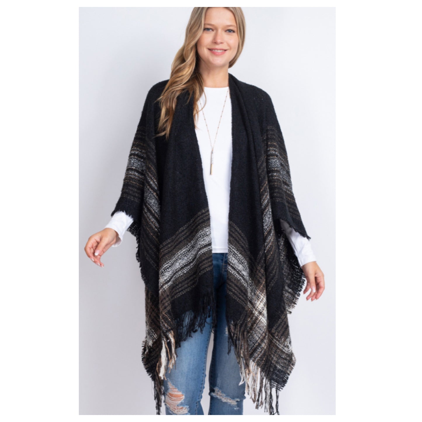 Crazy Cozy Multi Plaid Fringe Trim Black Ruana Shawl