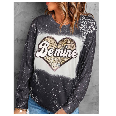 Be My Valentine-Bleach Splatter Leopard Heart with “Be Mine” Graphic Black Sweatshirt Top