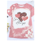 Always and Forever-Pink Bleach Splatter LOVE ALWAYS Leopard Heart Graphic Top-Valentines Day
