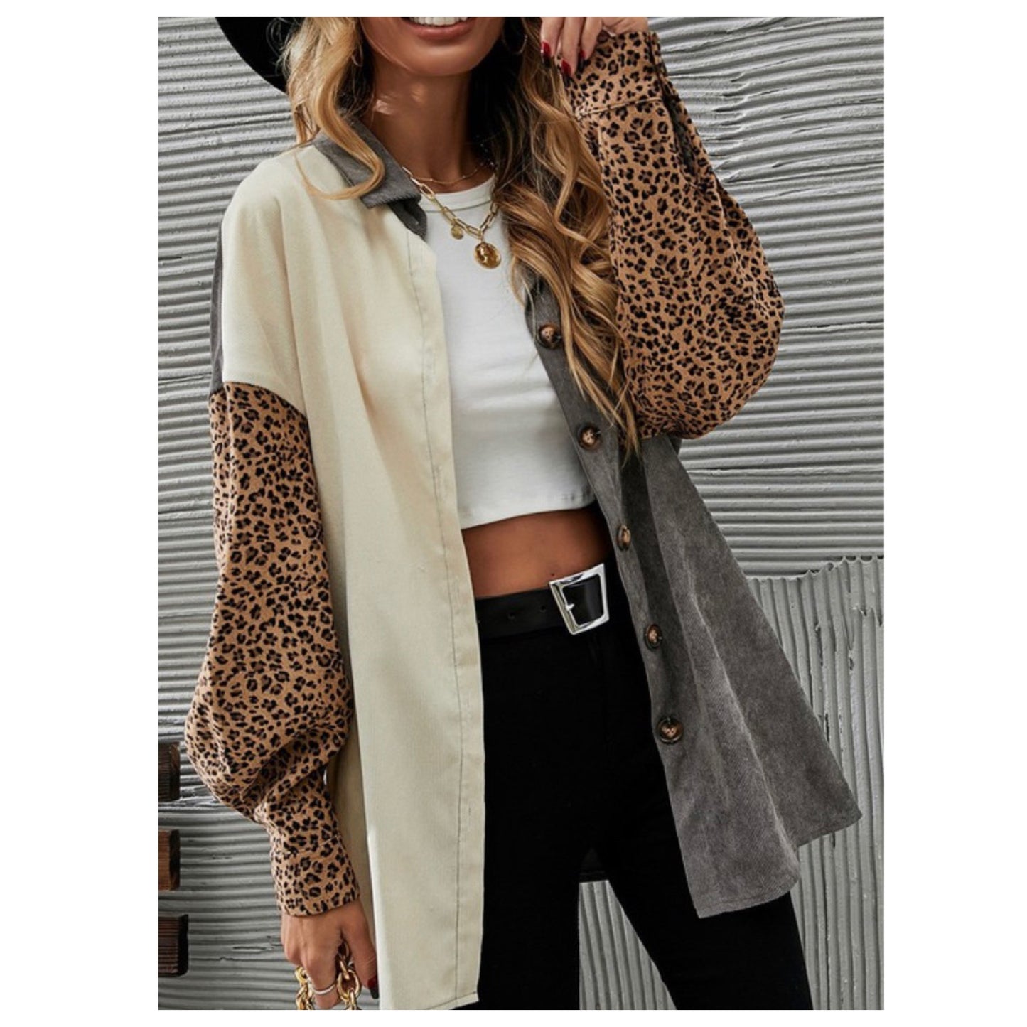 Ashlyn’s Gray and Leopard Color Block Silky Corduroy Shacket-Women’s Top-Jacket
