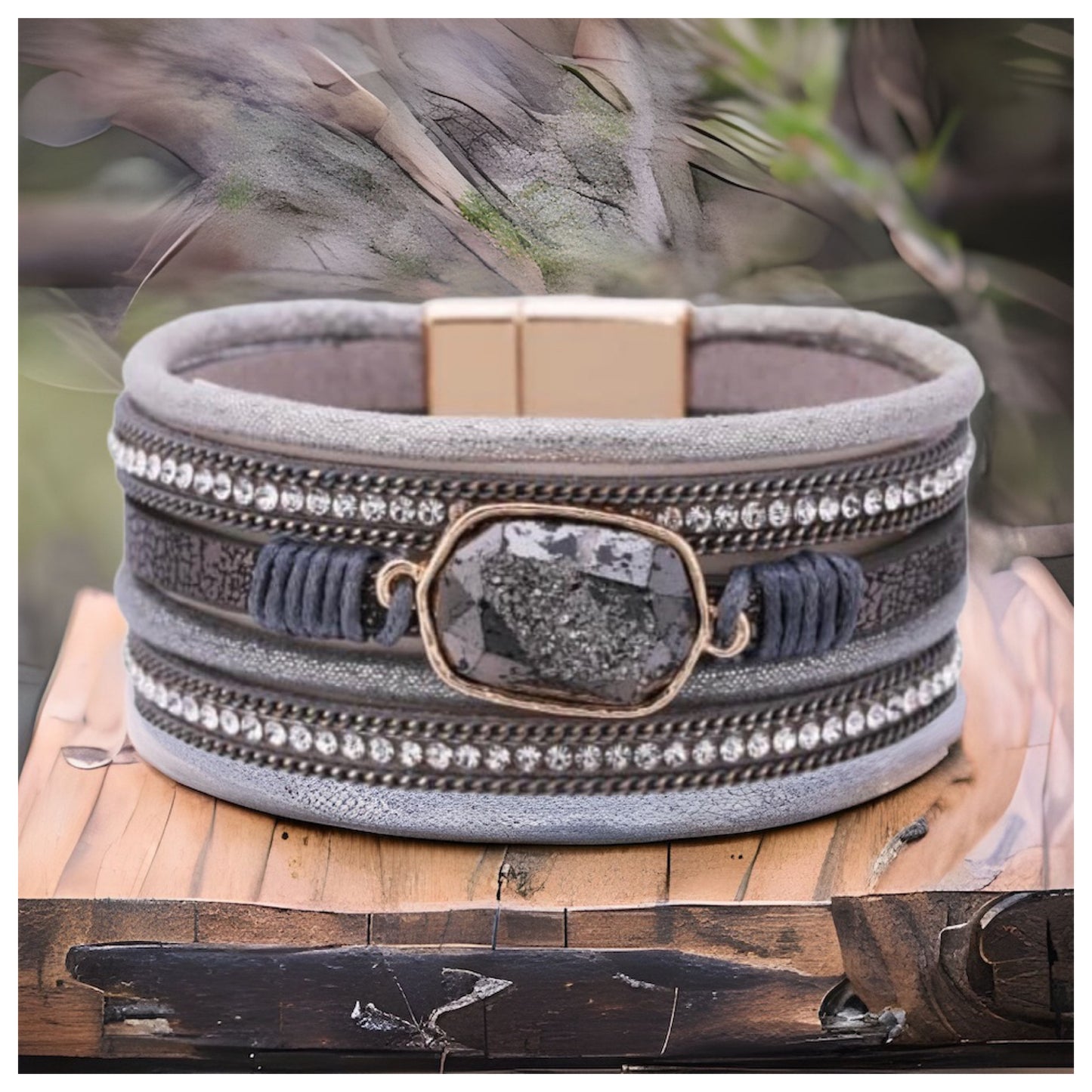 Stunning Multi Strand Gray Leather Stone and Crystal Bracelet