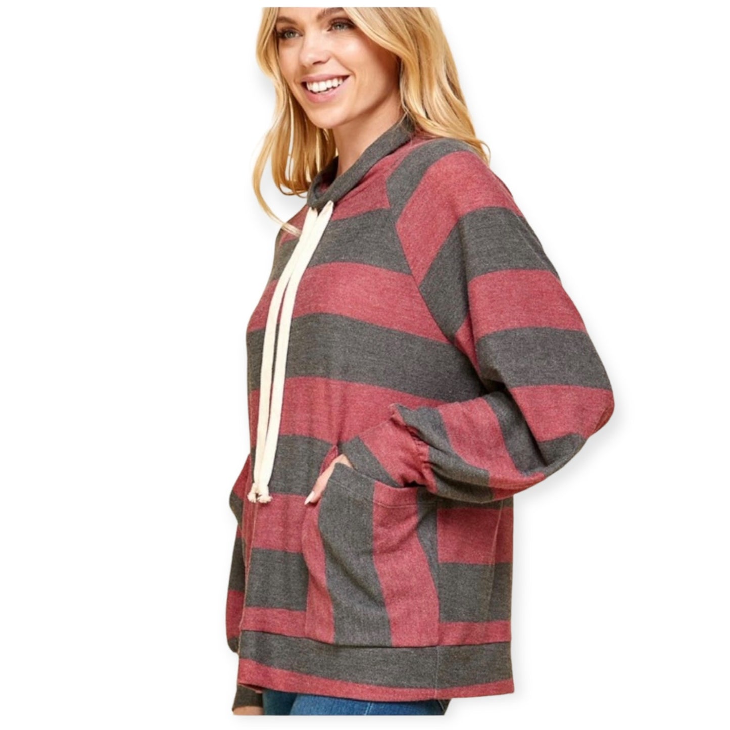 Ashlyn’s Burgundy Black Striped Cowl Top