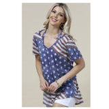 Closeout-American Flag Print V Neck Top with Peek-a-Boo Shoulder