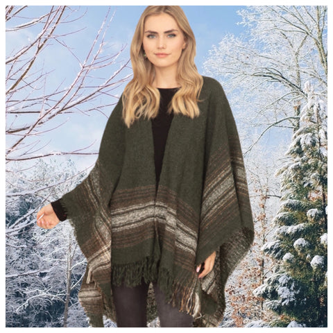 Crazy Cozy Multi Plaid Fringe Trim Olive Ruana Shawl