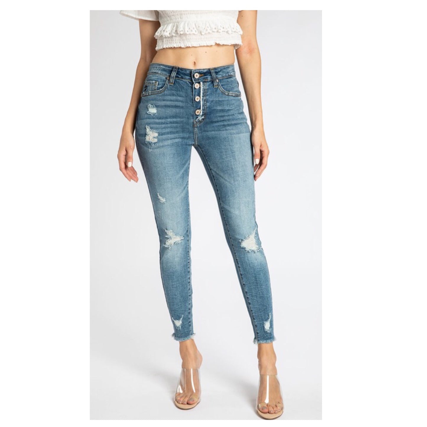 Button Fly Distressed Light Denim KANCAN Jeans