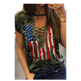 Special~Hello Beautiful! Lace Up V Neck Camouflage Top with USA Flag Print