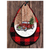 Iconic Red Truck & Tree Red Buffalo Plaid Leather Earrings-Jewelry