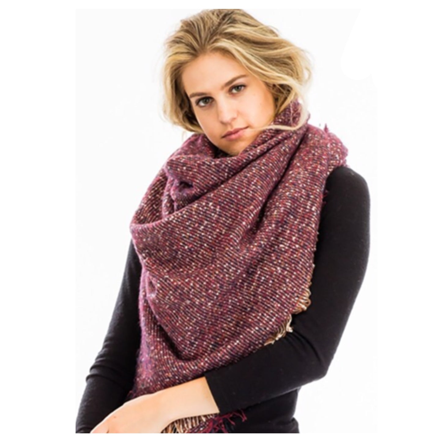 Always in Style Burgundy Multi Tone Pepper Knit Frayed Trim Blanket Scarf-Shawl-Wrap