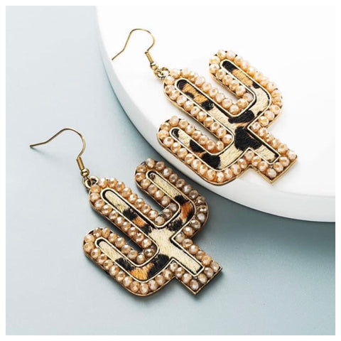 Adorable Leather Leopard Cactus with Crystal Trim Earrings