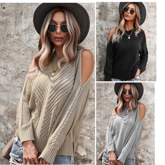 Sassy Open Cold Shoulder Cable Knit Women’s Sweater-Multiple Colors