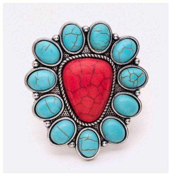 Iconic Turquoise/Coral Stone Adjustable Ring