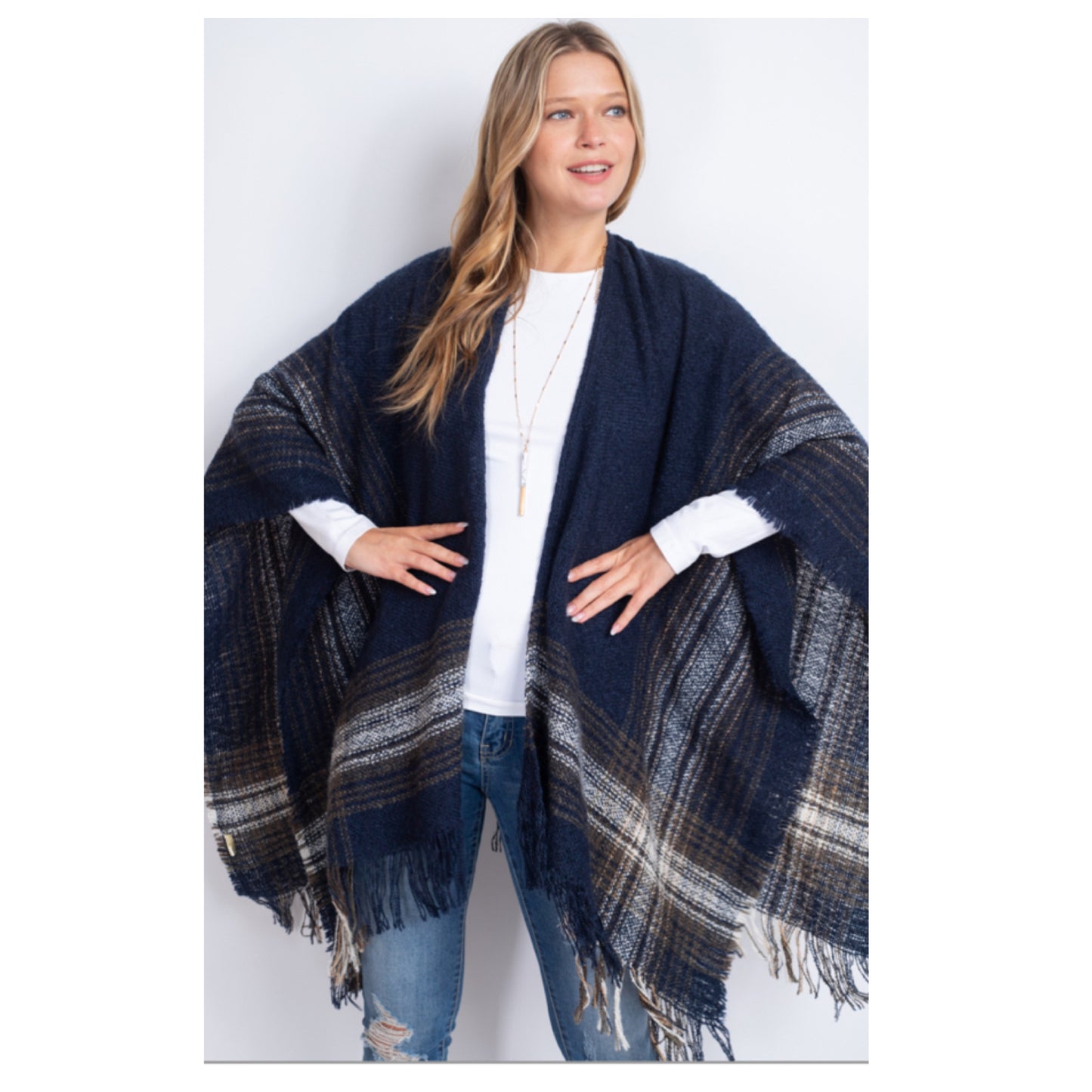 Crazy Cozy Multi Plaid Fringe Trim Navy Ruana Shawl