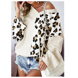 Cozy Chris Leopard and Cream Color Block V Neck Sweater Top