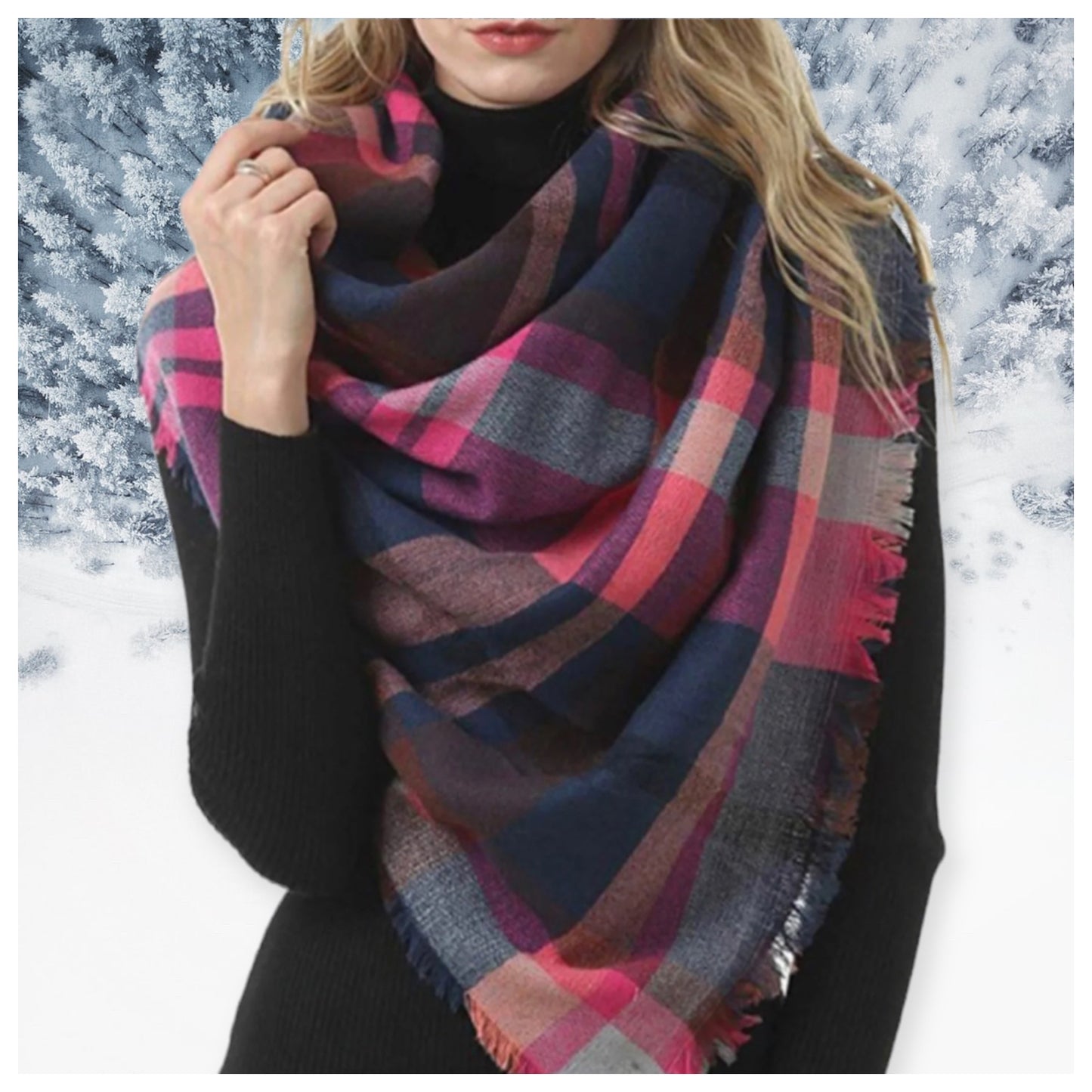 Always in Style Fuchsia Navy Multi Color Plaid Large Blanket Scarf-Shawl-Wrap