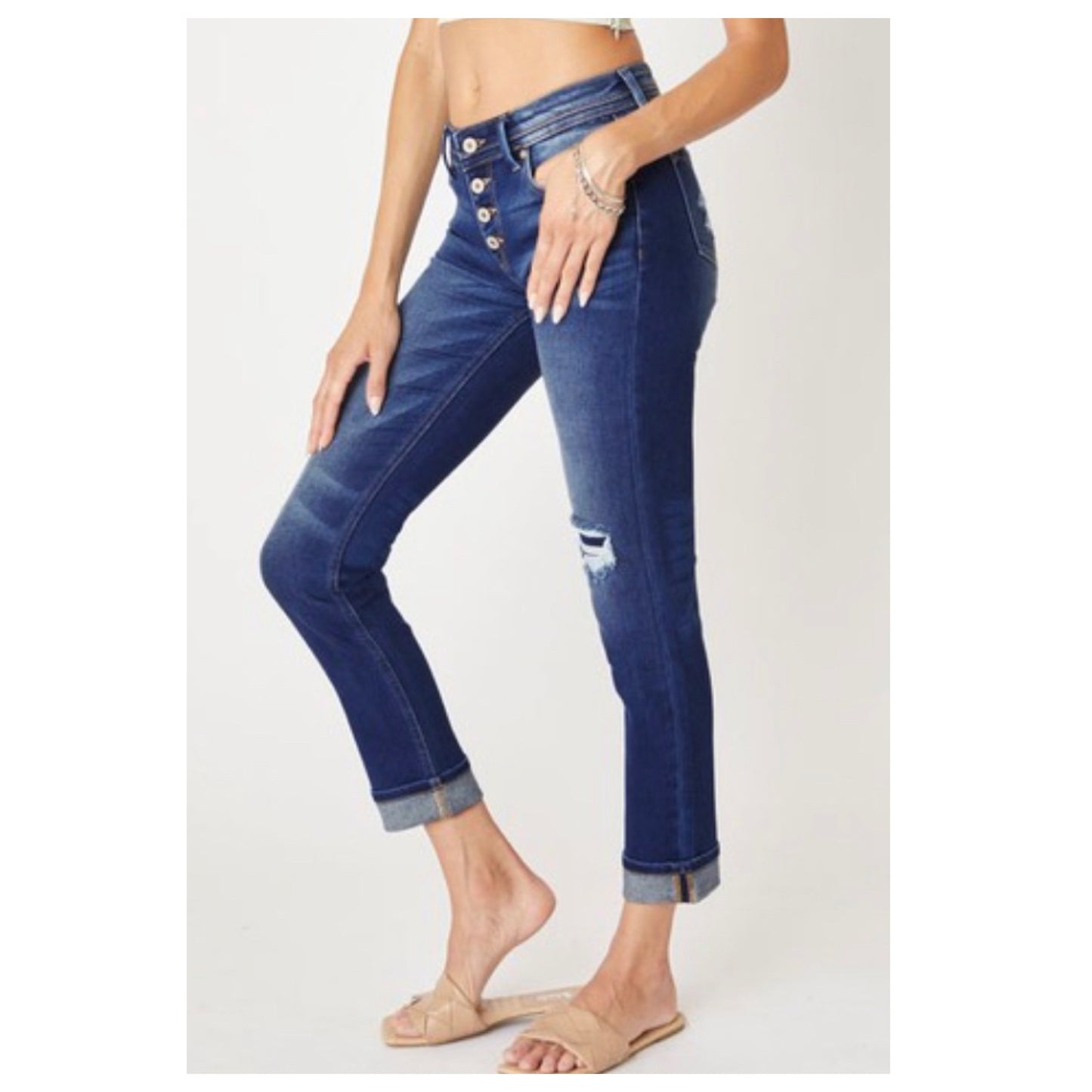 Button-fly Mid Rise Destroyed Dark Denim KANCAN Capris