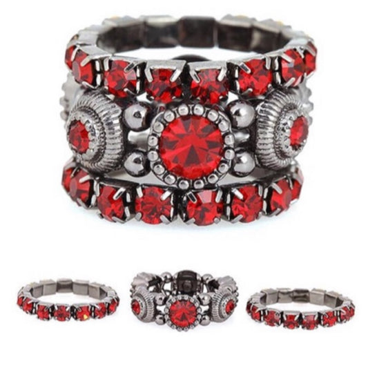 Stunning Vintage 3pc Red Stretch Ring Set