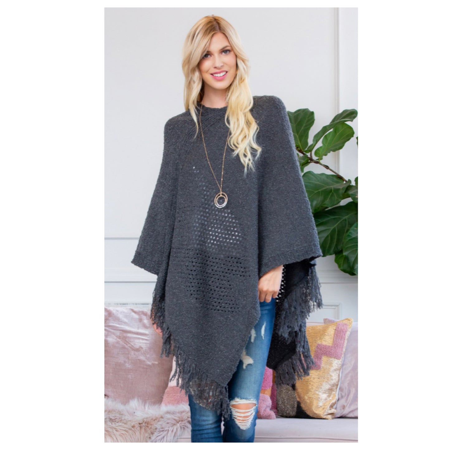 Classy and Sassy Fringe Trim Gray Knit Poncho-Shawl-Winter Outerwear