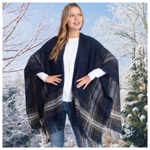 Crazy Cozy Multi Plaid Fringe Trim Navy Ruana Shawl