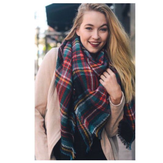 Always in Style Red Green Multi Tone Plaid Blanket Scarf-Shawl-Wrap