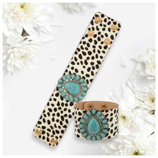 Turquoise Stone Leopard Leather Bracelet-Ivory