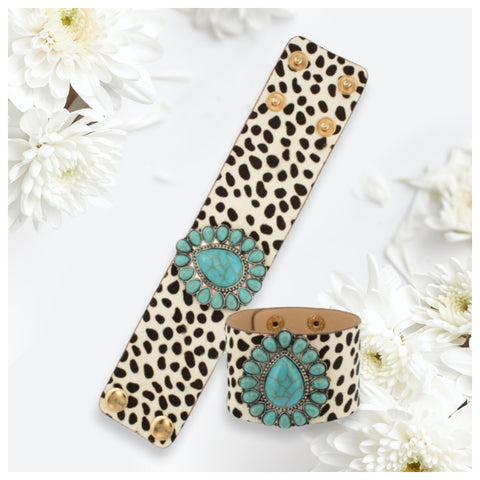 Turquoise Stone Leopard Leather Bracelet-Ivory