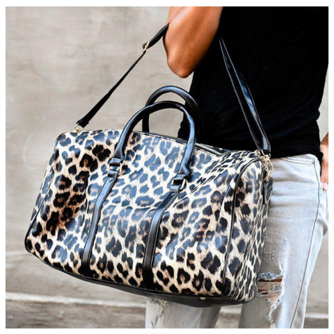 Brown Leather Leopard Weekender Bag, Tote Bag