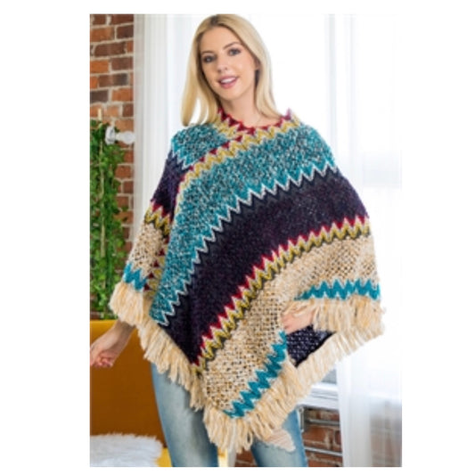 Stunning Bohemian Multi Color Crochet Knit Poncho-Shawl-Warmer