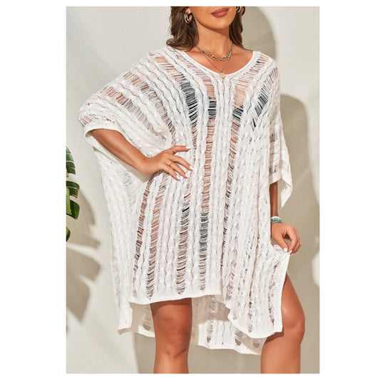 Sexy Me-V Neckline Knitted Ivory Batwing Swimsuit Coverup