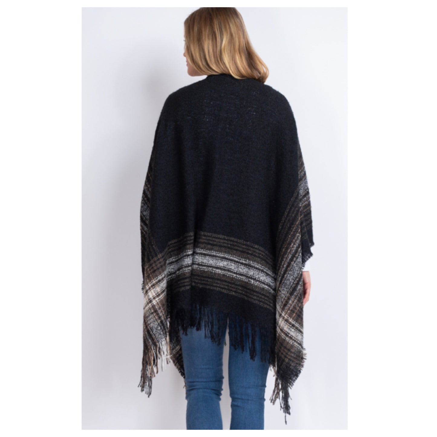Crazy Cozy Multi Plaid Fringe Trim Black Ruana Shawl