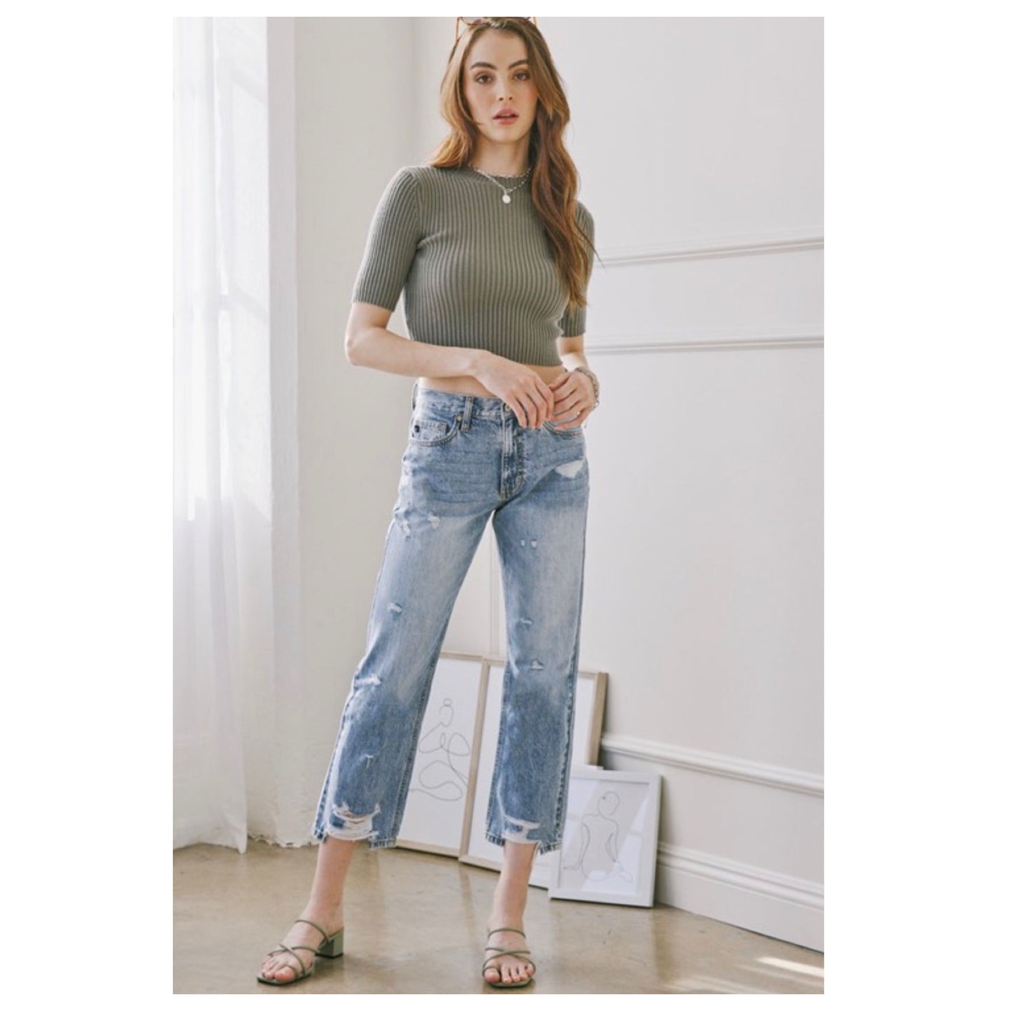 Classic High Rise Destroyed Medium Blue Denim KANCAN Capris