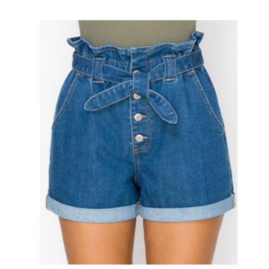 Adorable Me! Front Tie Paper Bag Denim Shorts
