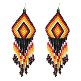 Black Orange Mix Aztec Diamond Fringe Drop Seed Bead Earrings-Western-Navajo