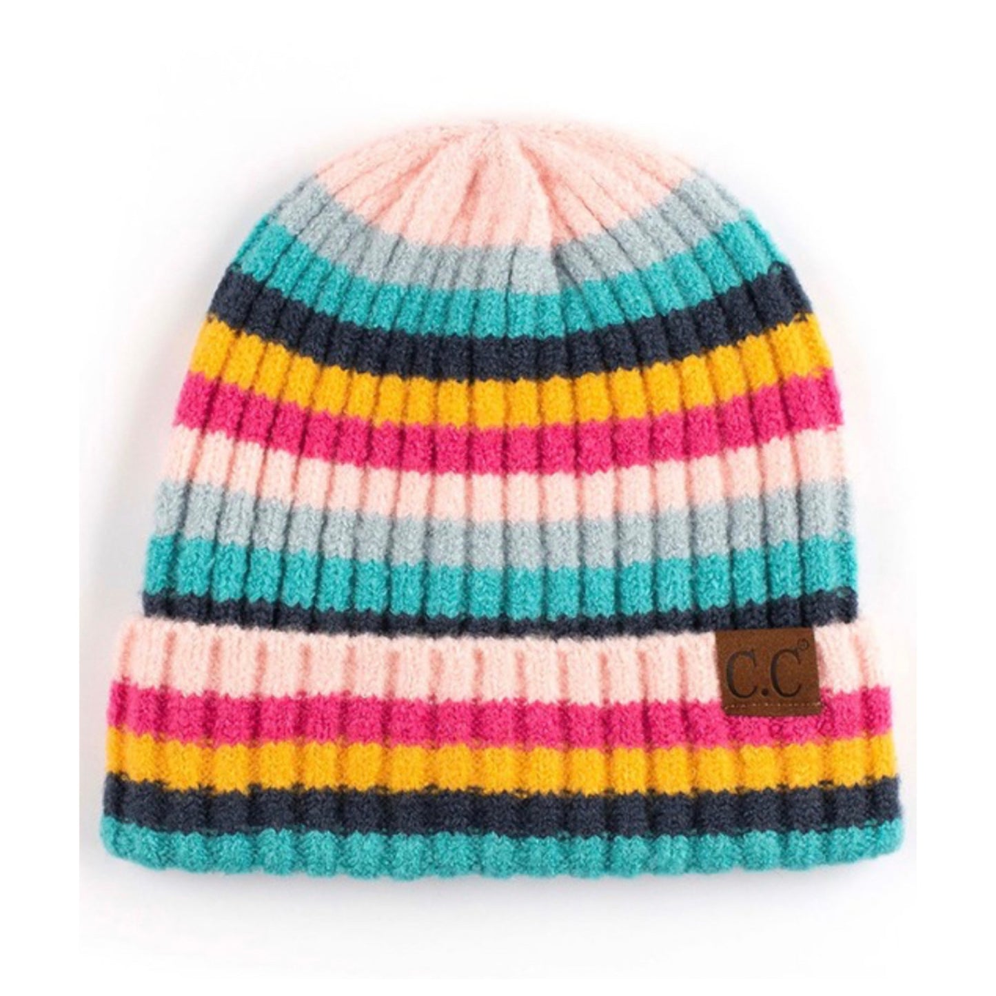 Cozy Multi Striped Ribbed Knit CC Beanie