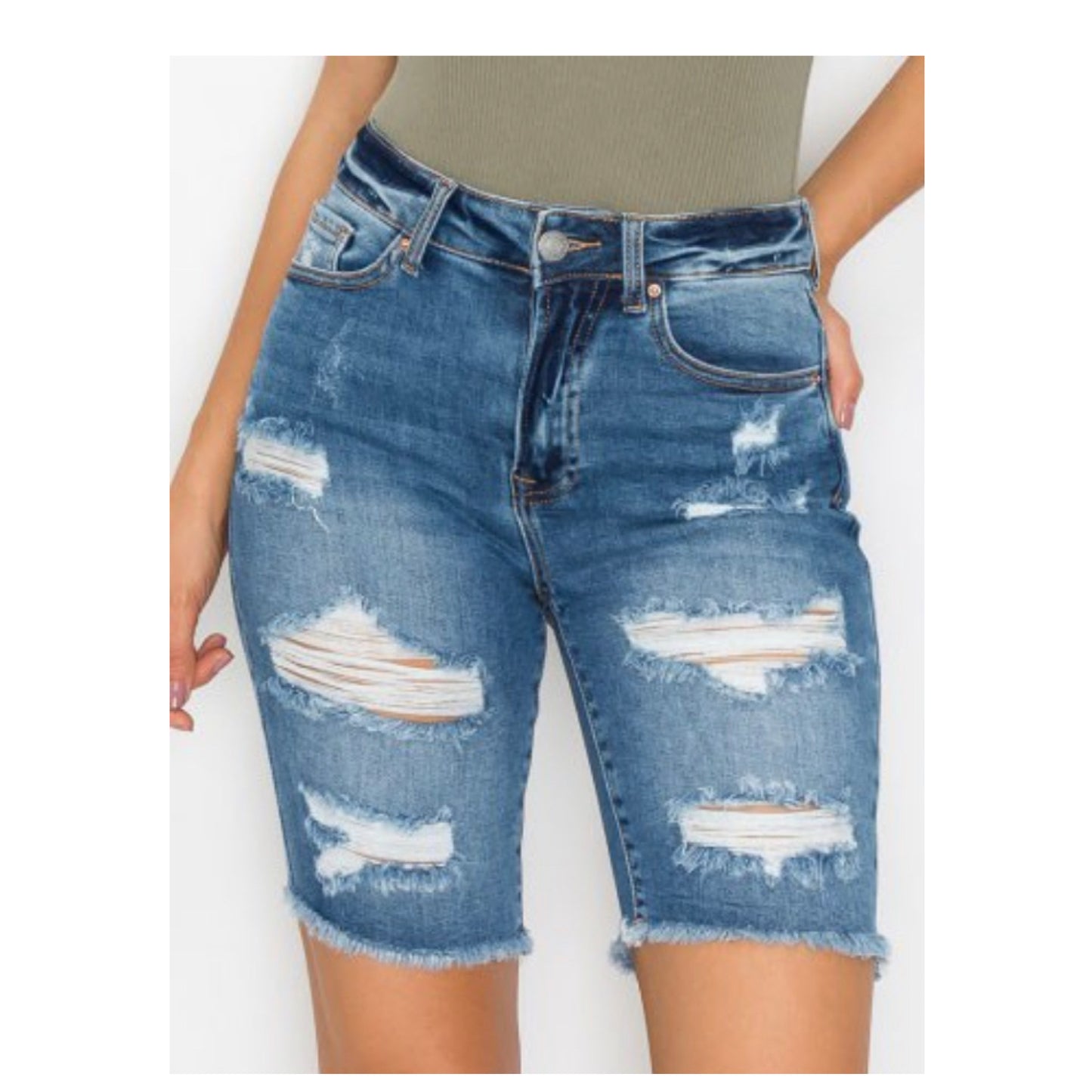 Crazy Cozy Medium Blue Denim Destroyed Bermuda Shorts