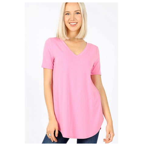 New Favorite! Classic V Neck Top - Candy Pink