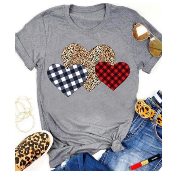 Be Mine~Triple Heart Leopard Buffalo Plaid Grey Tee Top