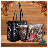 2 in 1: Laser Cut Out Black Leather Shopper and Leopard Cross Body Bag-Purse-Tote