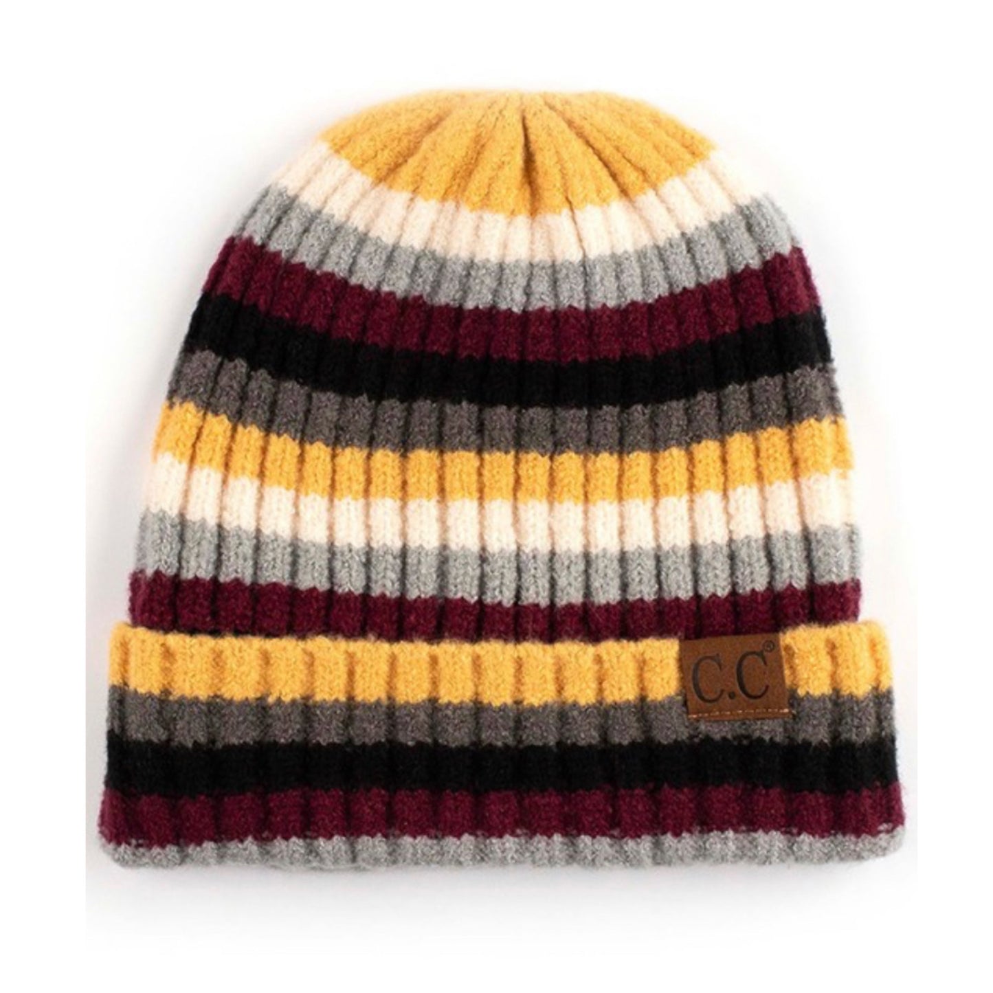 Cozy Multi Striped Ribbed Knit CC Beanie