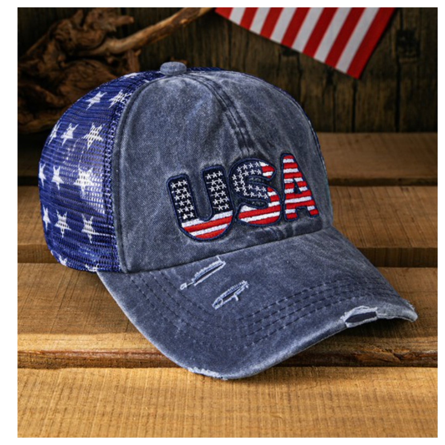American Pride-Distressed USA Star Print Adjustable Back Hat
