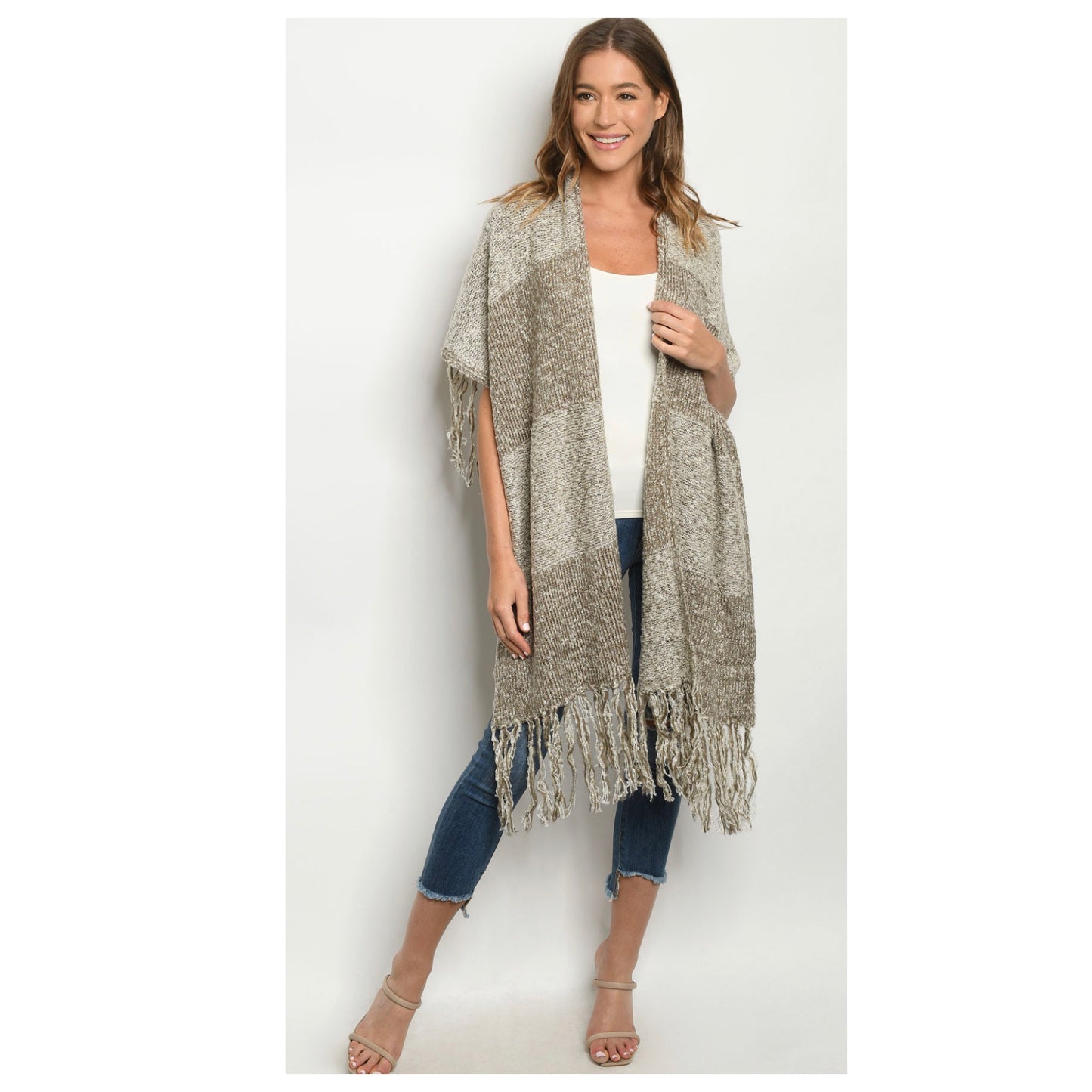 Classy Pepper Knit 2-Tone Taupe Fringe Trim Poncho-Shawl-Kimono-Womens