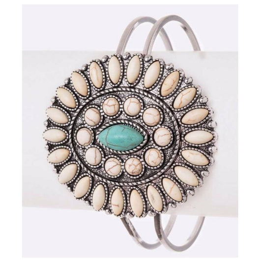 Iconic Turquoise and White Stone Flower Western Bangle Bracelet