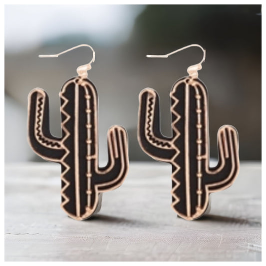 Adorable Black Leather Cactus Dangle Earrings