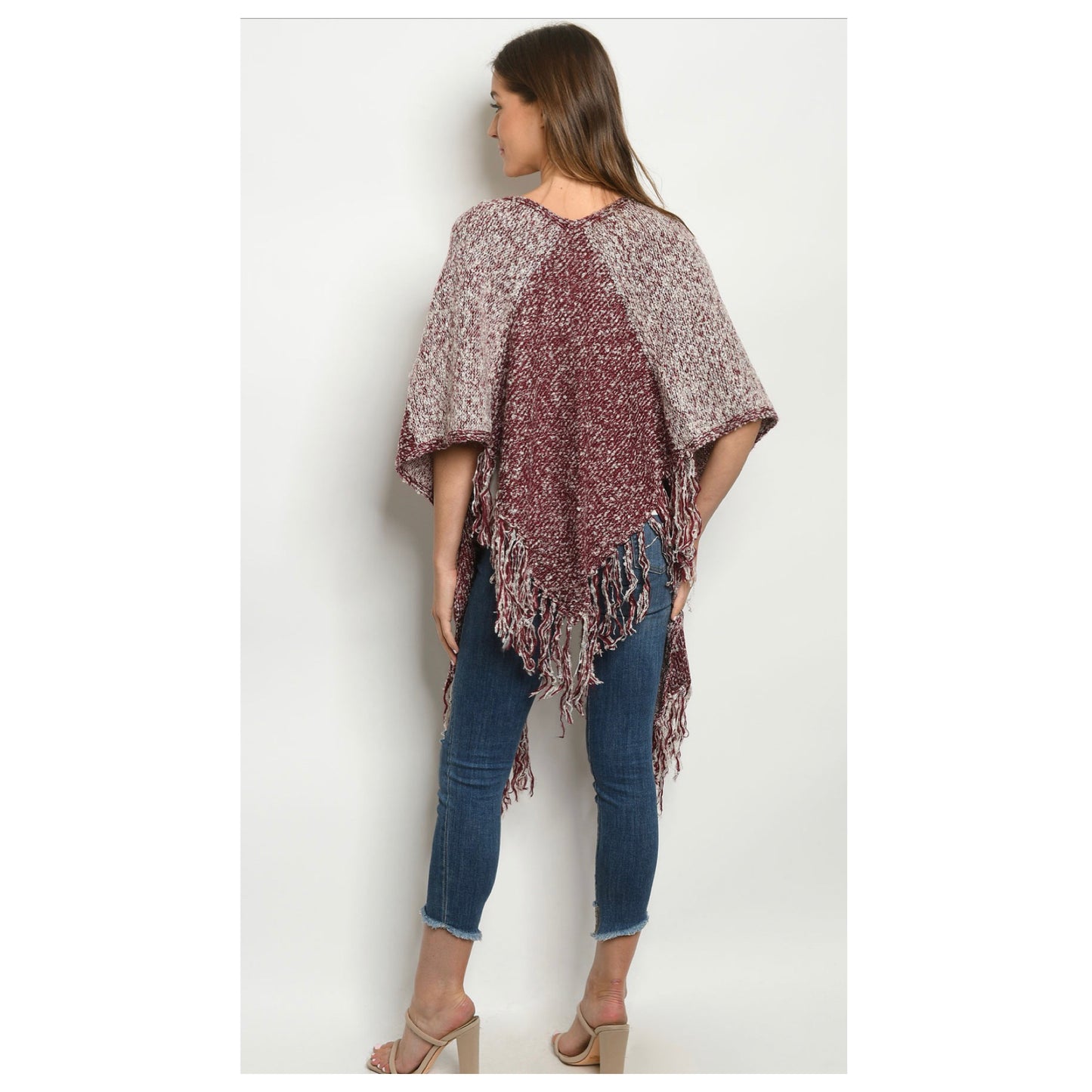 Classy Pepper Knit 2-Tone Burgundy Fringe Trim Poncho-Shawl-Kimono-Womens