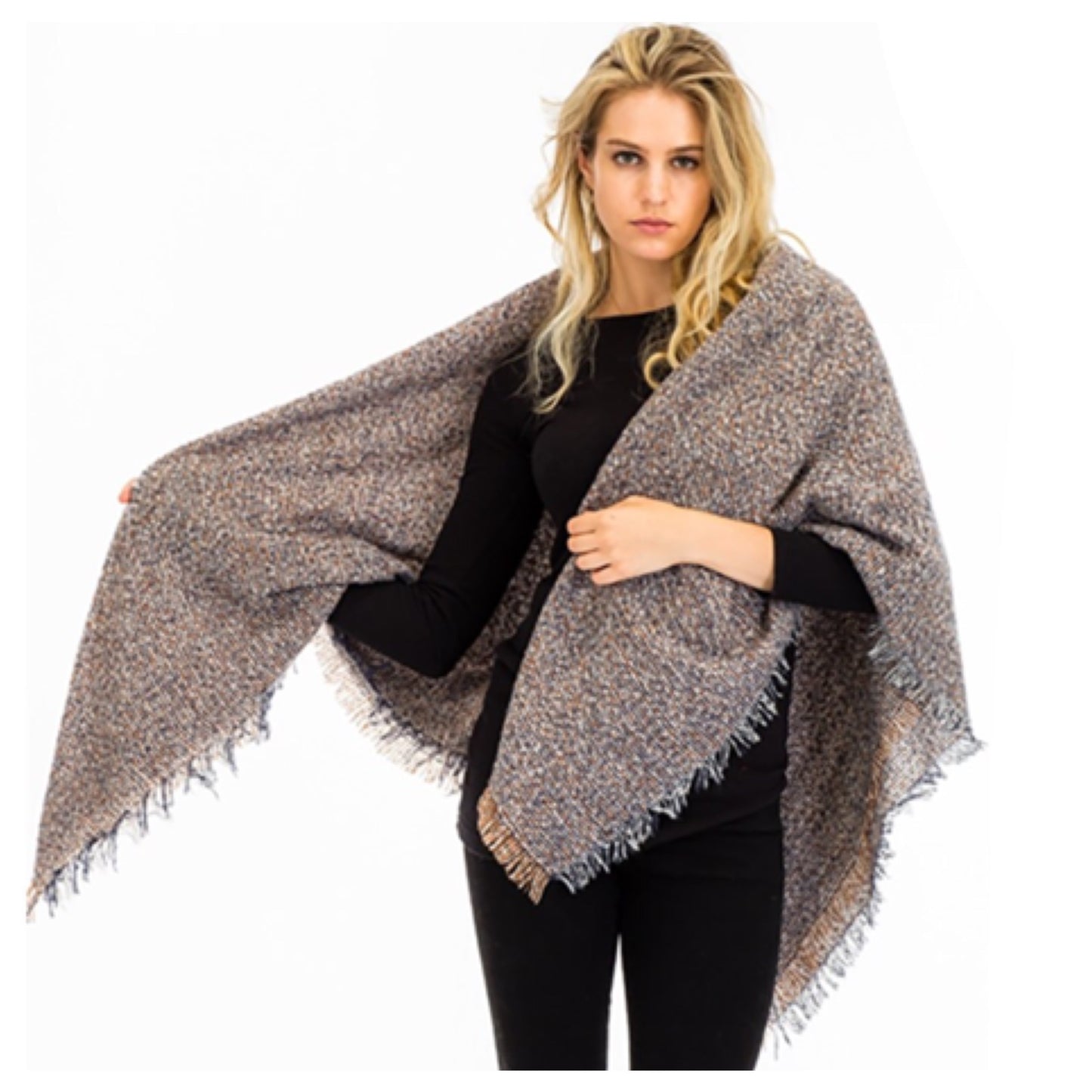 Always in Style Beige Pepper Knit Multi Tone Frayed Edge Blanket Scarf-Shawl-Wrap