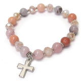 Pink Semi Precious Stone Cross Charm Stretch Bracelet